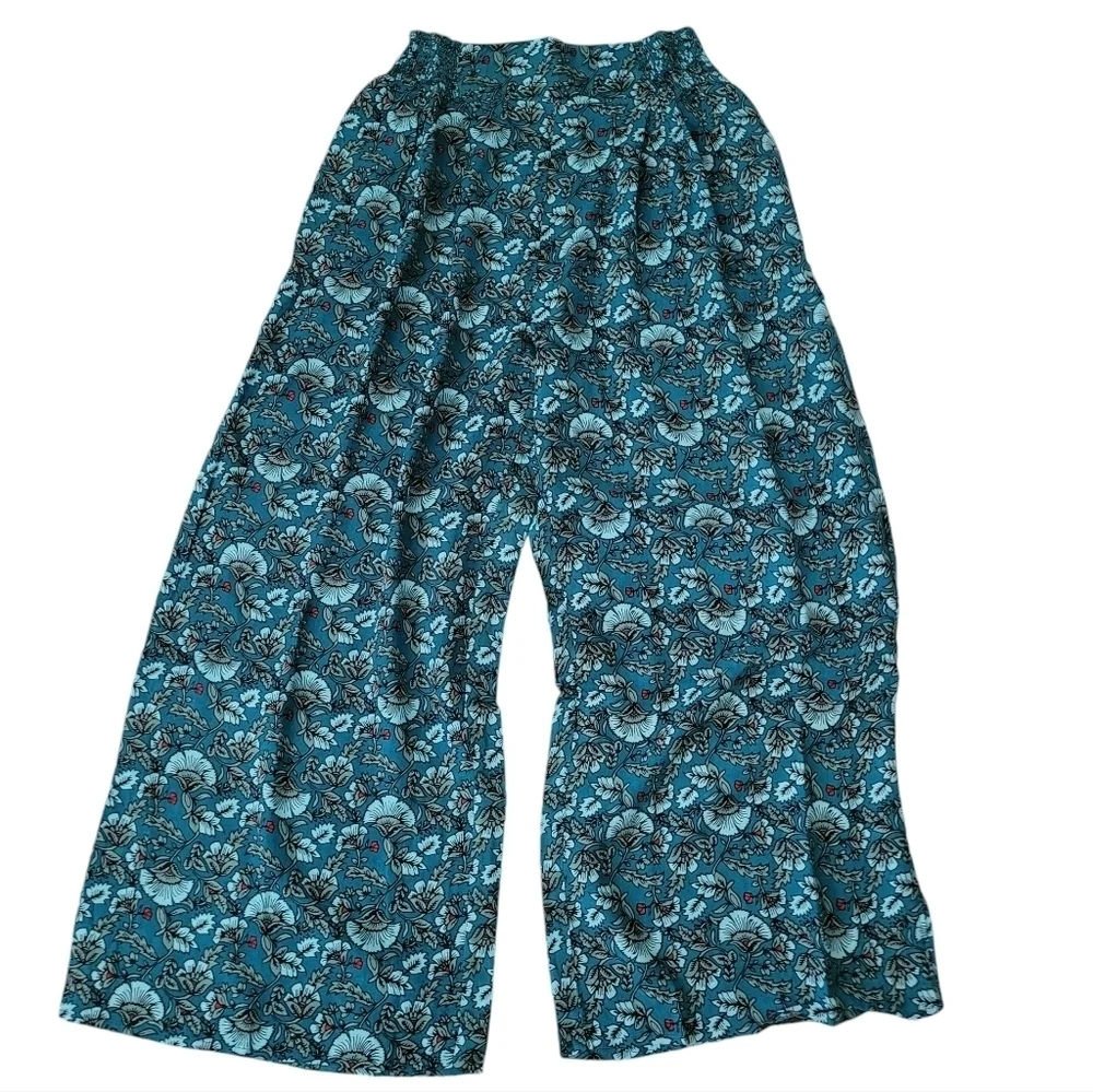 Band of the Free Size M Elise Teal Floral Wide Leg Pants High Waist NEW - Picture 3 of 10